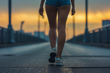 Confident Woman Walking on Urban Bridge at Sunset. Generative ai. High quality illustrationの素材