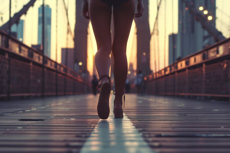 Confident Woman Walking on Urban Bridge at Sunset. Generative ai. High quality illustrationの素材