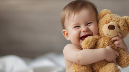 Joyful Toddler Embracing a Soft Teddy Bear. Generative ai. High quality illustrationの素材