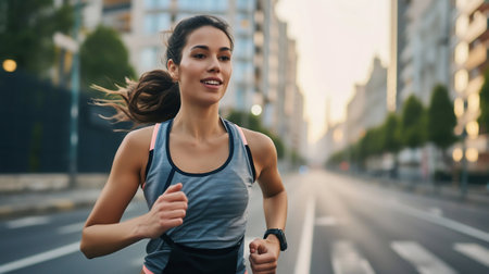 Urban Runner: Confident Woman Jogging Through the City Streets. Generative ai. High quality illustrationの素材