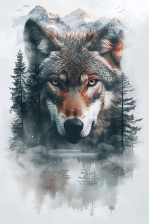 Mystical Wolf Double Exposure with Forest Landscape. Generative ai. High quality illustration