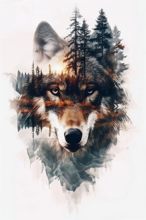 Mystical Wolf Double Exposure with Forest Landscape. Generative ai. High quality illustrationの素材
