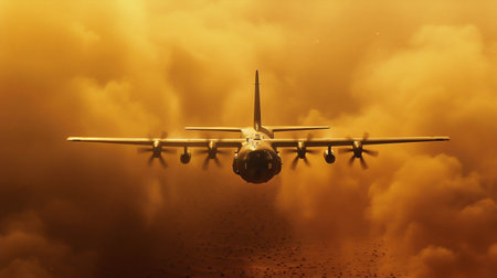 Turbulent Takeoff: Military Aircraft in Sandstorm. Generative ai. High quality illustrationの素材