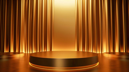 Elegant Gold Podium with Luxurious Silk Drapes. Generative ai. High quality illustrationの素材