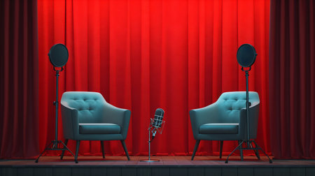 Modern Podcast Studio Setup with Two Chairs and Microphones. Generative ai. High quality illustrationの素材