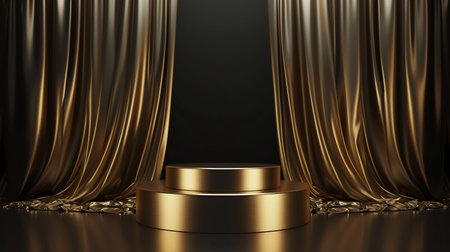 Elegant Gold Podium with Luxurious Silk Drapes. Generative ai. High quality illustrationの素材
