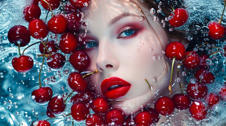 Sensual Beauty with Cherries in Water. Generative ai. High quality illustrationの素材