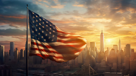 American Flag Waving at Sunrise in New York Cityscape. Generative ai. High quality illustrationの素材