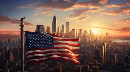 American Flag Waving at Sunrise in New York Cityscape. Generative ai. High quality illustrationの素材