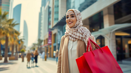 Elegant Woman in Hijab Shopping in the City. Generative ai. High quality illustrationの素材