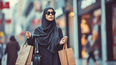 Elegant Woman in Hijab Shopping in the City. Generative ai. High quality illustrationの素材
