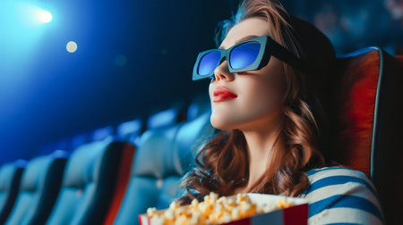 Young Woman Enjoying 3D Movie in Theater. Generative ai. High quality illustrationの素材