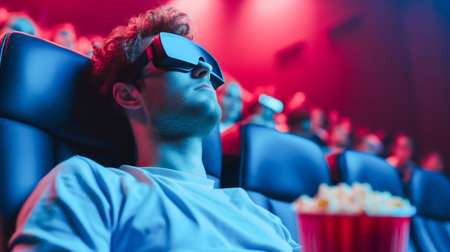 Man Enjoying 3D Movie Experience in Theater. Generative ai. High quality illustrationの素材