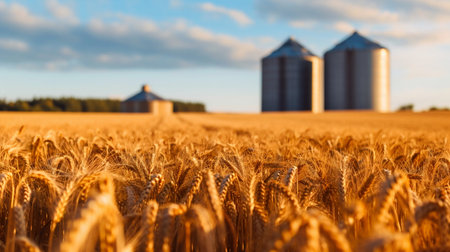 Golden Wheat Field with Grain Silos at Sunset. Generative ai. High quality illustrationの素材