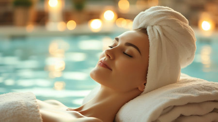 Serene Spa Experience: Woman Relaxing in Wellness Center. Generative ai. High quality illustrationの素材