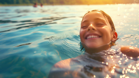 Joyful Young Girl Swimming in Sunlit Water. Generative ai. High quality illustrationの素材