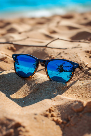 Sunglasses on the Sunny Beach Sands. Generative ai. High quality illustrationの素材