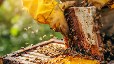 Beekeeper Inspecting Honeycomb Frame in the Field. Generative ai. High quality illustrationの素材