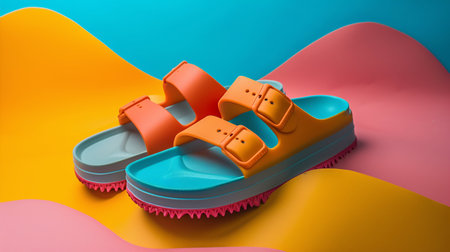 Vibrant 3D Rendered Summer Sandals on Abstract Background. Generative ai. High quality illustrationの素材