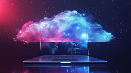 Futuristic Cloud Computing Concept on Laptop. Generative ai. High quality illustrationの素材
