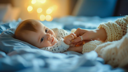 Tender Moment of a Baby Holding Mother's Hand. Generative ai. High quality illustrationの素材