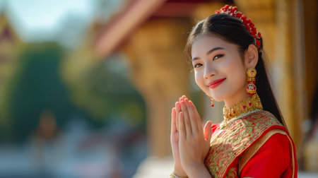 Thai Woman in Traditional Dress Performing Greeting. Generative ai. High quality illustrationの素材