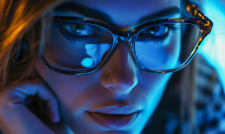Vibrant Gaze: Woman with Reflective Glasses Against Bokeh Lights. Generative ai. High quality illustrationの素材