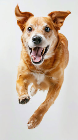Joyful Dog Mid-Leap on White Background. Generative ai. High quality illustrationの素材