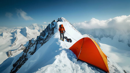 Mountaineer by a striking orange tent atop a snowy peak. Generative ai. High quality illustrationの素材