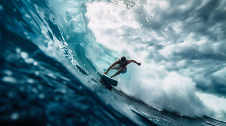 Surfer carving a path through a towering wave. Generative ai. High quality illustrationの素材