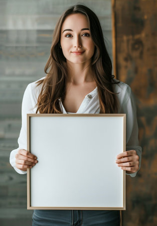 Young woman presenting a blank frame with a smile. Generative ai. High quality illustrationの素材
