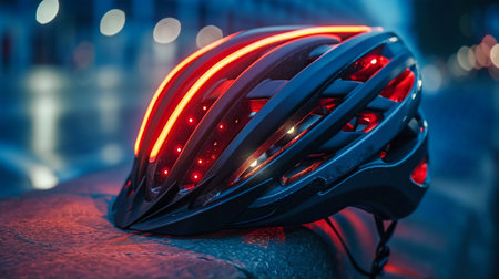 Illuminated Cycling Helmet on Blue Background. Generative ai. High quality illustrationの素材