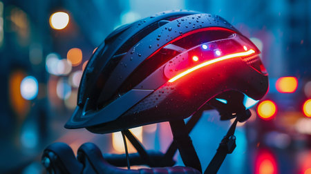 Illuminated Cycling Helmet on Blue Background. Generative ai. High quality illustrationの素材