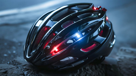 Illuminated Cycling Helmet on Blue Background. Generative ai. High quality illustrationの素材