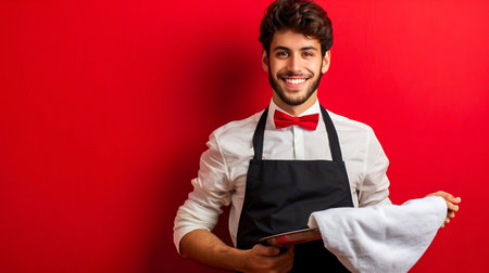 Friendly Waiter Serving with a Smile on Red Background. Generative ai. High quality illustrationの素材