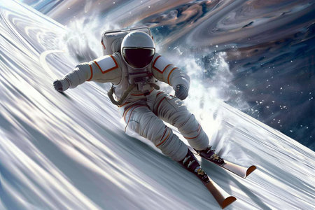 Astronaut Skiing on a Snowy Cosmic Slope. Generative ai. High quality illustrationの素材
