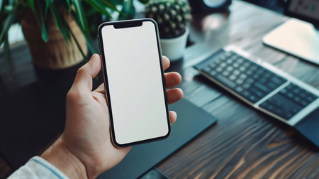 Hand Holding Smartphone with Blank Screen on Wooden Desk. Generative ai. High quality illustrationの素材