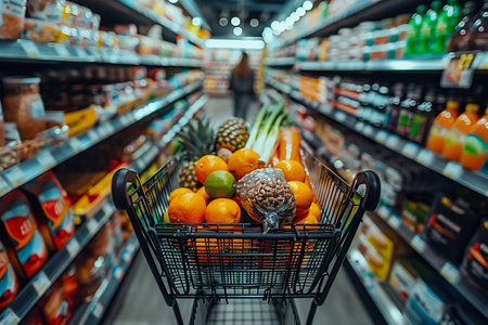 A shopping cart filled with fresh fruits and vegetables, essential staple foods, in a convenience store. A colorful display of natural products for selling to customersの素材