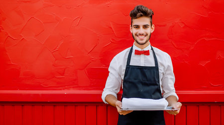 Friendly Waiter Serving with a Smile on Red Background. Generative ai. High quality illustrationの素材