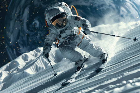 Astronaut Skiing on a Snowy Cosmic Slope. Generative ai. High quality illustrationの素材