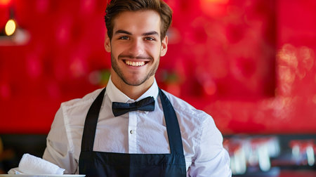 Friendly Waiter Serving with a Smile on Red Background. Generative ai. High quality illustrationの素材