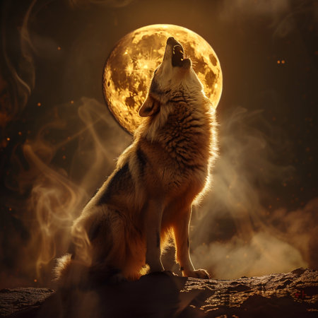 Majestic Wolf Howling at the Golden Moon. Generative ai. High quality illustrationの素材