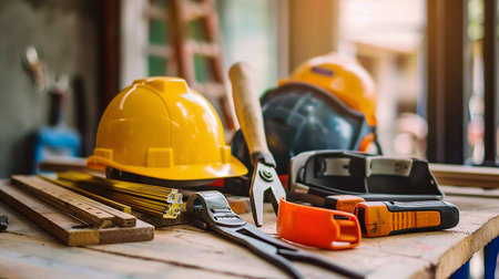 Construction Safety Helmet and Tools on Workbench. Generative ai. High quality illustrationの素材