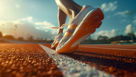 Runner's Footwear in Action on Athletic Track at Sunset. Generative ai. High quality illustrationの素材
