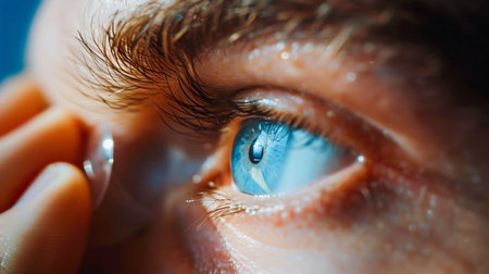 Close-Up of Blue Eye with Contact Lens Application. Generative ai. High quality illustrationの素材
