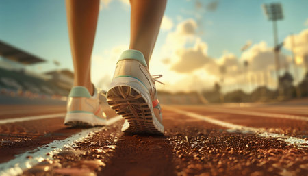 Runner's Footwear in Action on Athletic Track at Sunset. Generative ai. High quality illustrationの素材