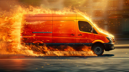 Express Delivery Service Van Speeding with Fiery Motion Trails. Generative ai. High quality illustrationの素材