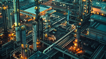 Industrial Complex at Twilight with Illuminated Machinery. Generative ai. High quality illustrationの素材