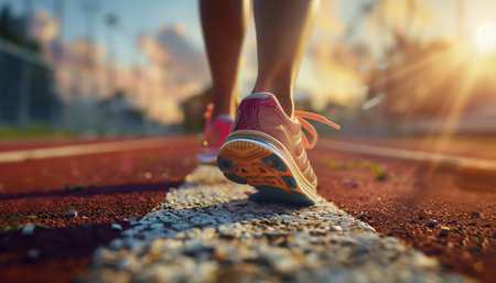 Runner's Footwear in Action on Athletic Track at Sunset. Generative ai. High quality illustrationの素材