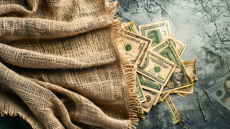 Cash Money and Burlap Bags on Textured Background. Generative ai. High quality illustrationの素材